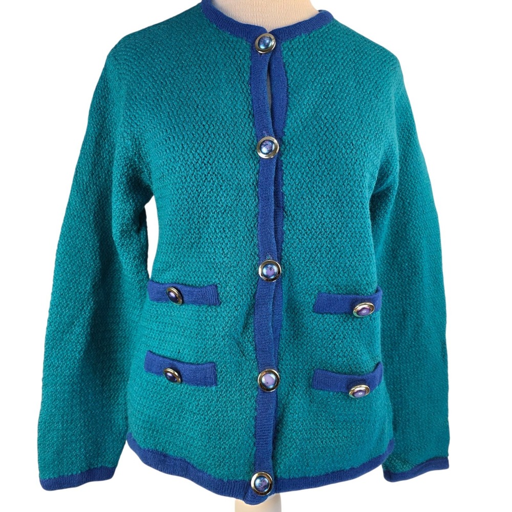Vintage Miss Pendleton Cardigan Sweater Womens Medium Green Blue Wool USA 90s